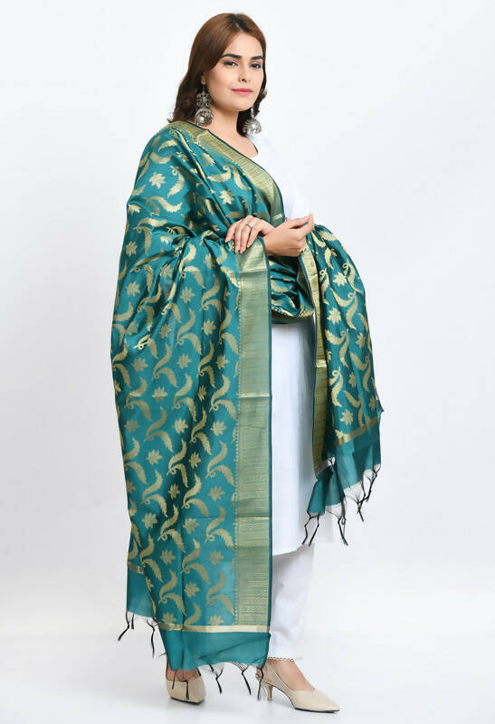 Rama Green Banarasi Silk Dupatta with Floral Woven Gold Design