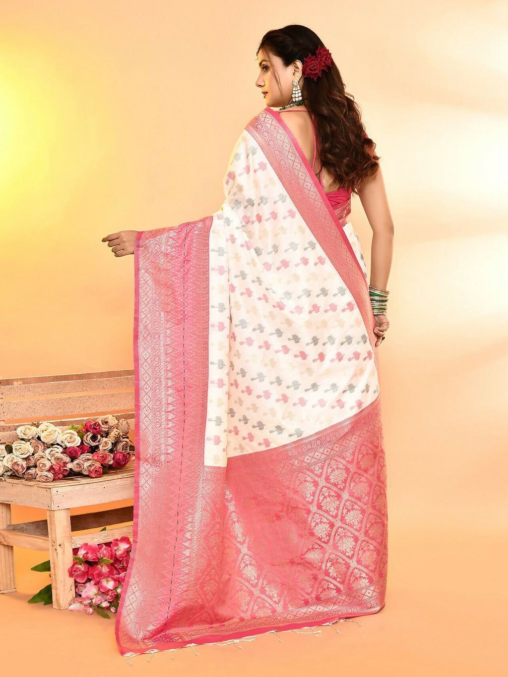 White & Rani Pink Plain Banarasi Silk Saree with Weaving Border