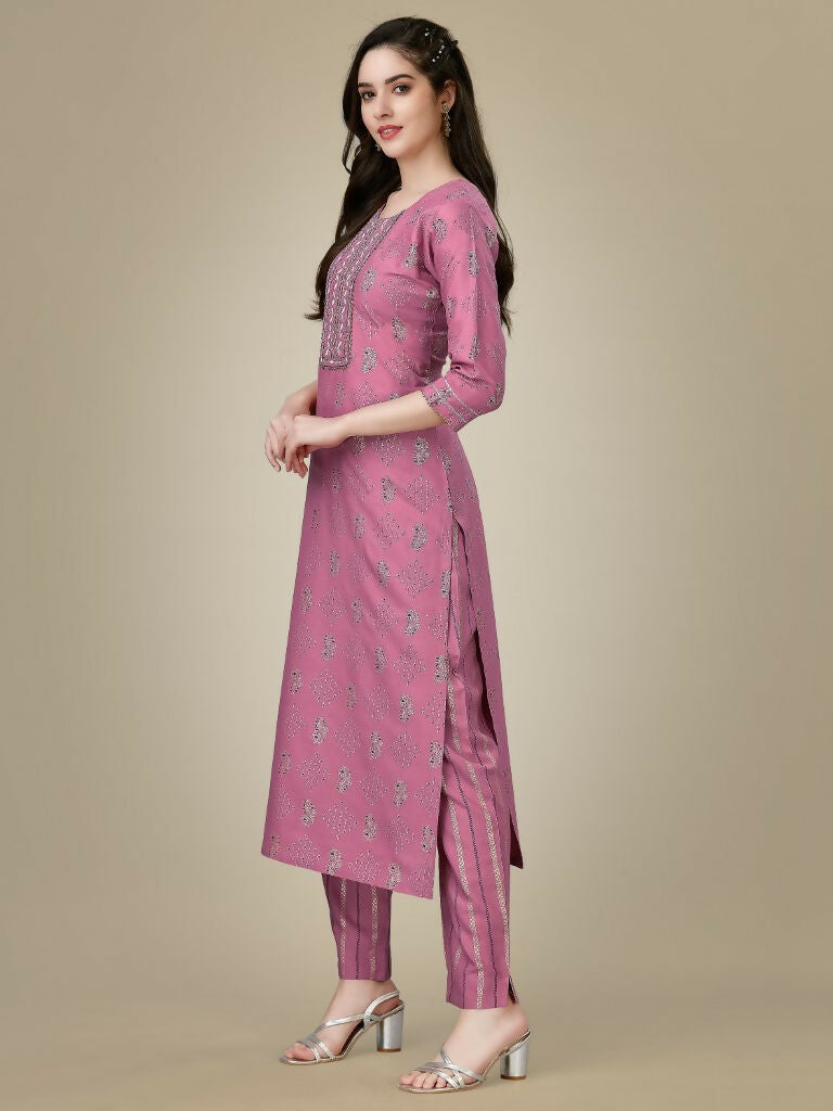 Women's Purple Embroidered Straight Kurta Pant Set