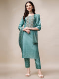 Woman wearing a multicolor embroidered rayon kurta set with matching pants and dupatta.