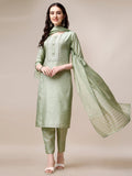 Woman wearing a multicolor embroidered rayon kurta set with matching pants and dupatta