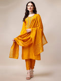 Woman wearing a multicolor embroidered rayon kurta set with matching pants and dupatta