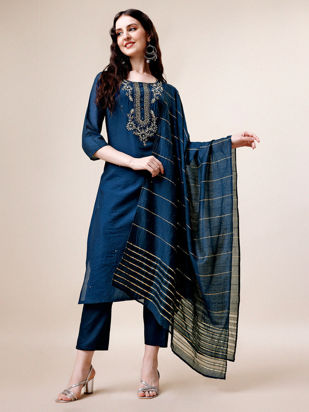 Multicolor hand embroidered rayon kurta paired with matching pant and dupatta