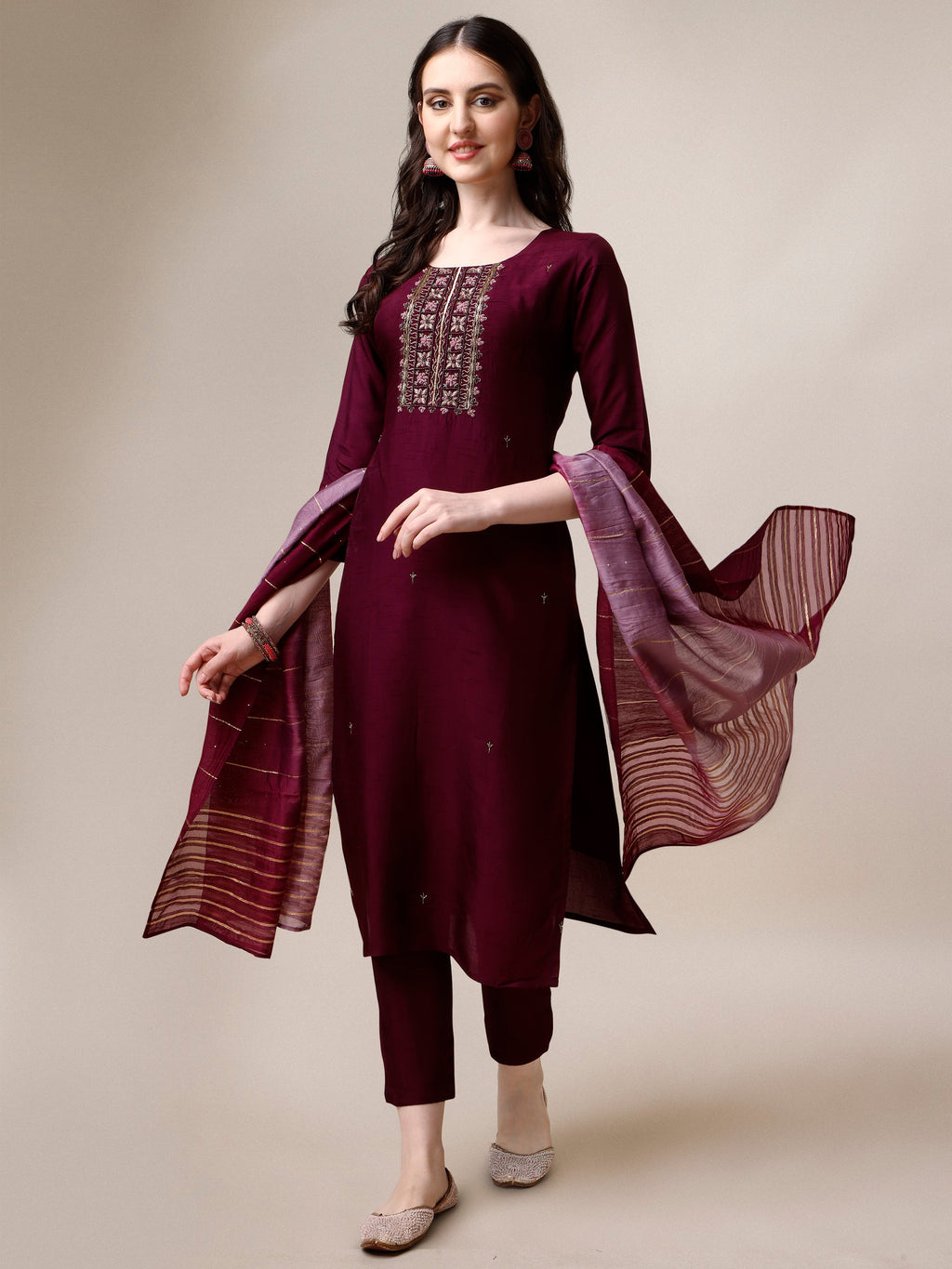 Multicolor embroidered rayon kurta paired with matching pant and dupatta set
