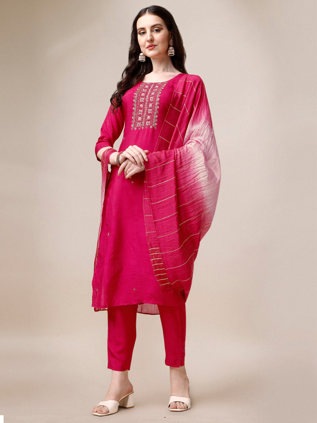 Multicolor embroidered kurta set with pants and matching dupatta in rayon fabric