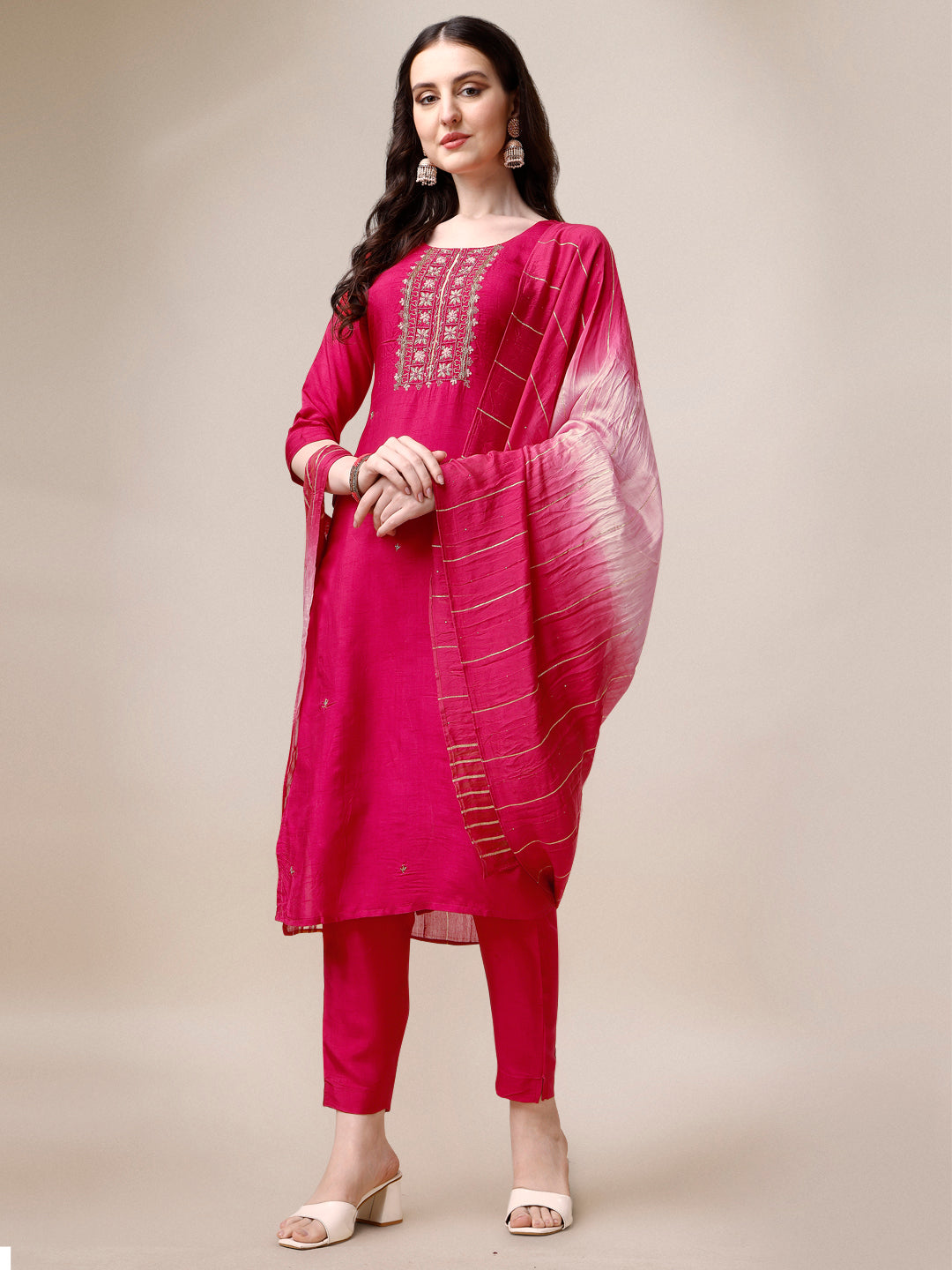 Multicolor embroidered kurta set with pants and matching dupatta in rayon fabric