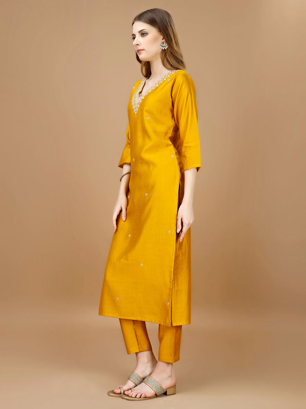 Multicolor Hand Embroidered Rayon Kurta Set with Banarasi Dupatta