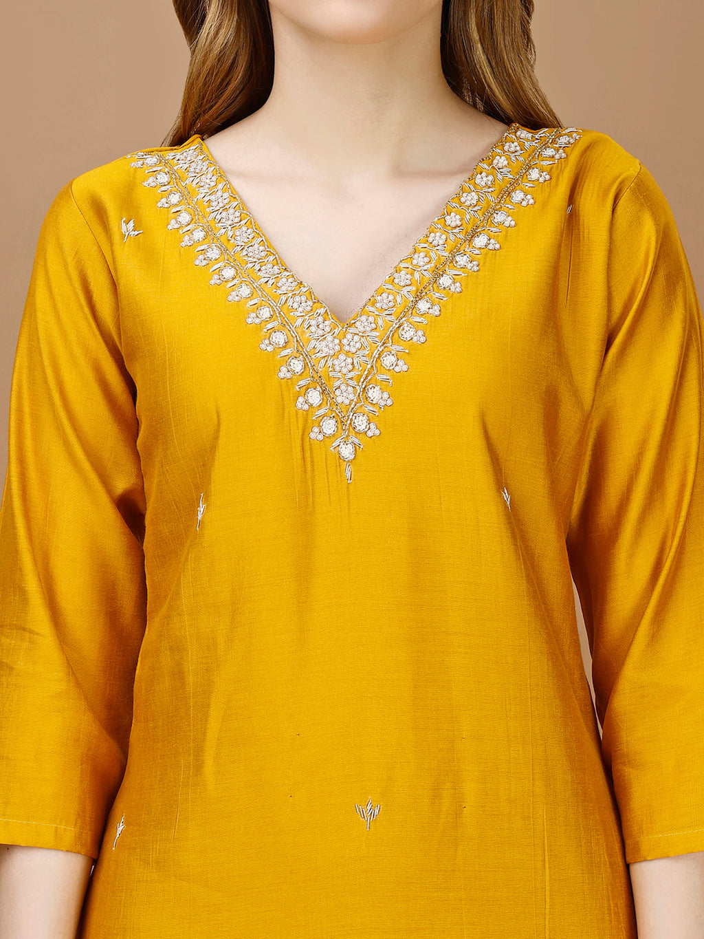 Multicolor Hand Embroidered Rayon Kurta Set with Banarasi Dupatta