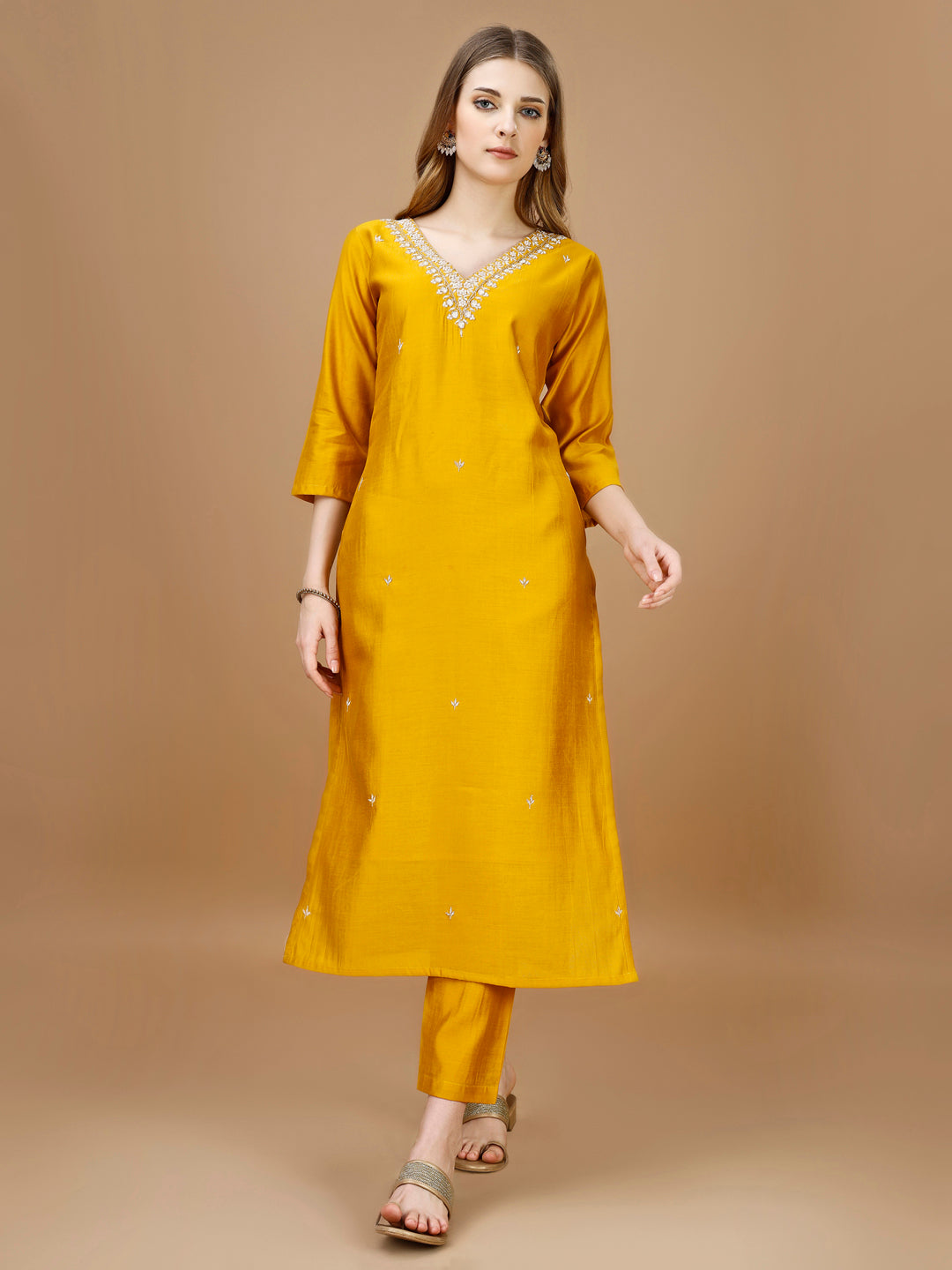 Multicolor Hand Embroidered Rayon Kurta Set with Banarasi Dupatta