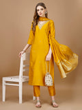 Multicolor hand embroidered rayon kurta set with Banarasi dupatta and pants