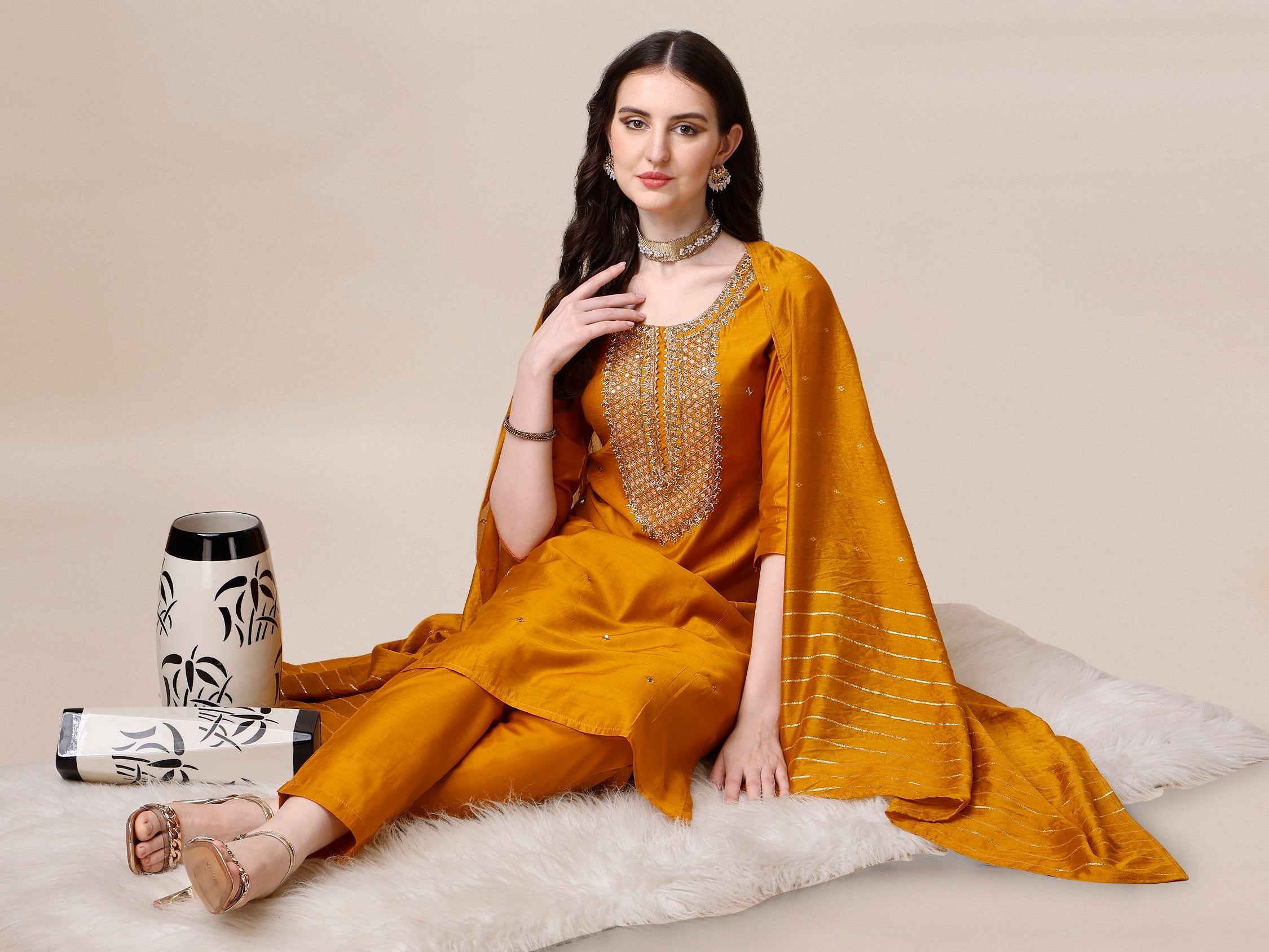 Multicolor hand embroidered rayon kurta set with dupatta