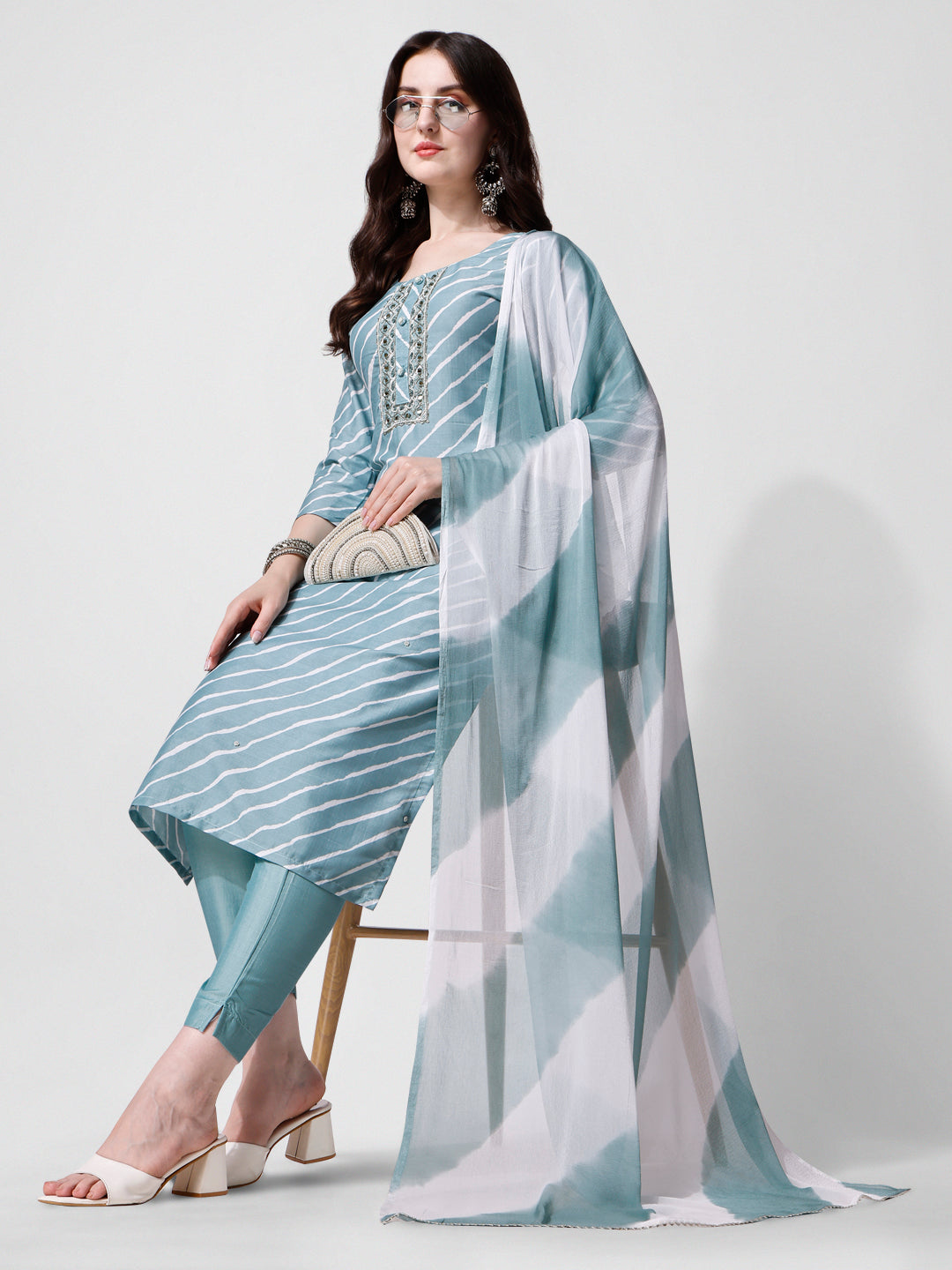 Leheriya Printed & Embroidered Kurta with Pant & Dupatta Set