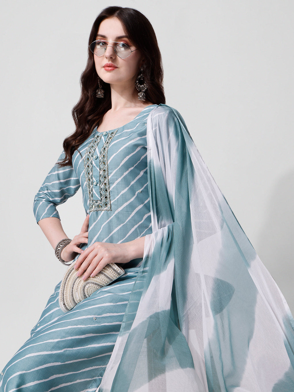 Leheriya Printed & Embroidered Kurta with Pant & Dupatta Set