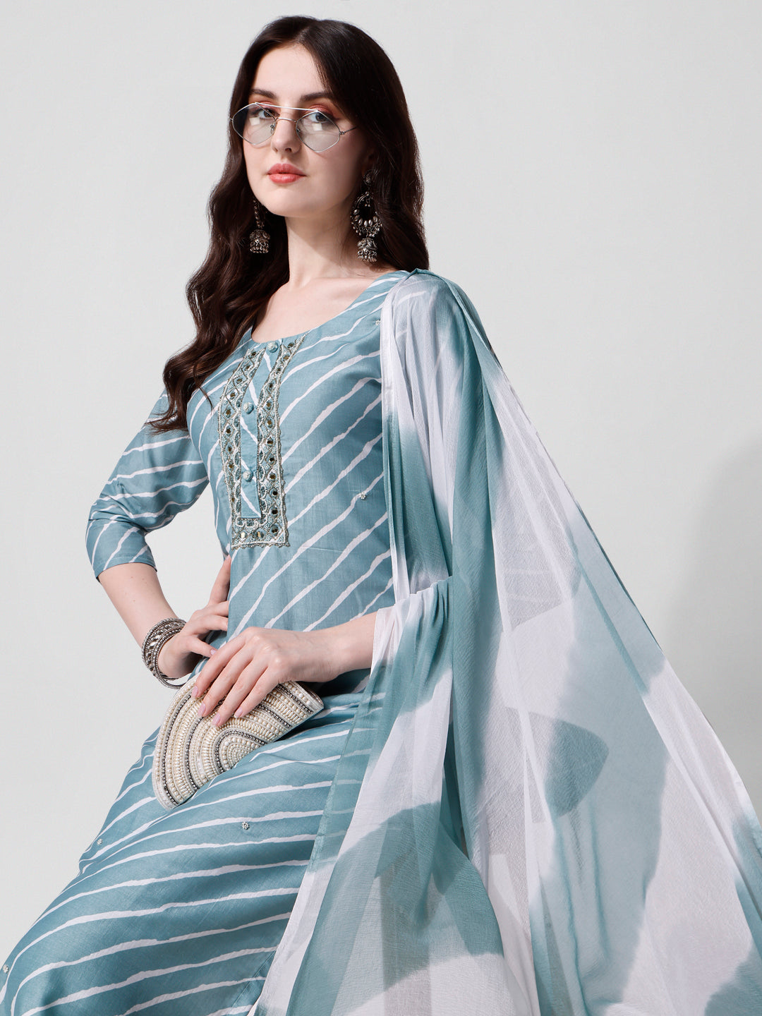 Leheriya Printed & Embroidered Kurta with Pant & Dupatta Set