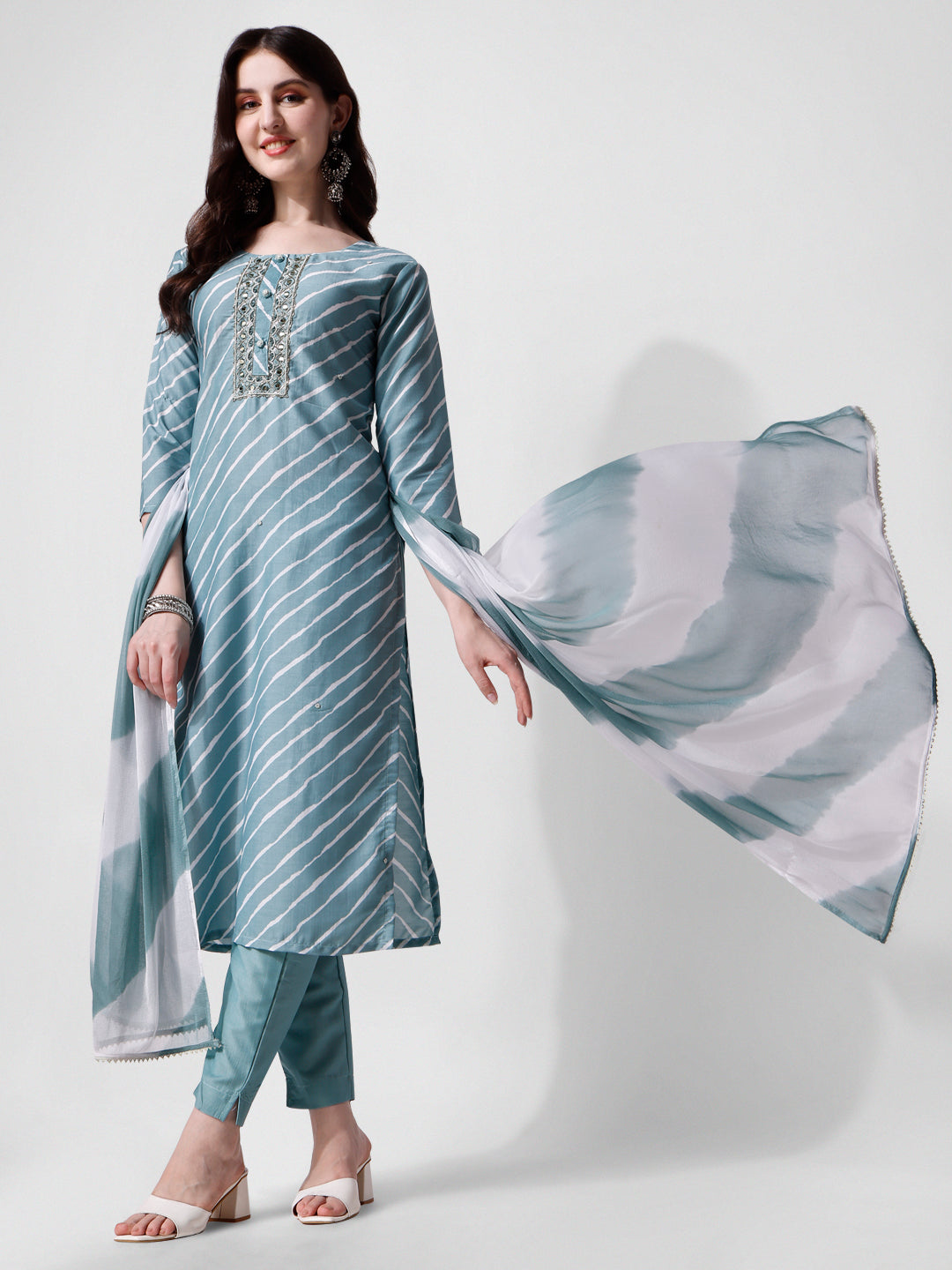 Leheriya print kurta set with detailed embroidery, including matching pants and dupatta