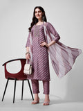 Model wearing a vibrant multicolor leheriya printed rayon kurta with matching pant and dupatta