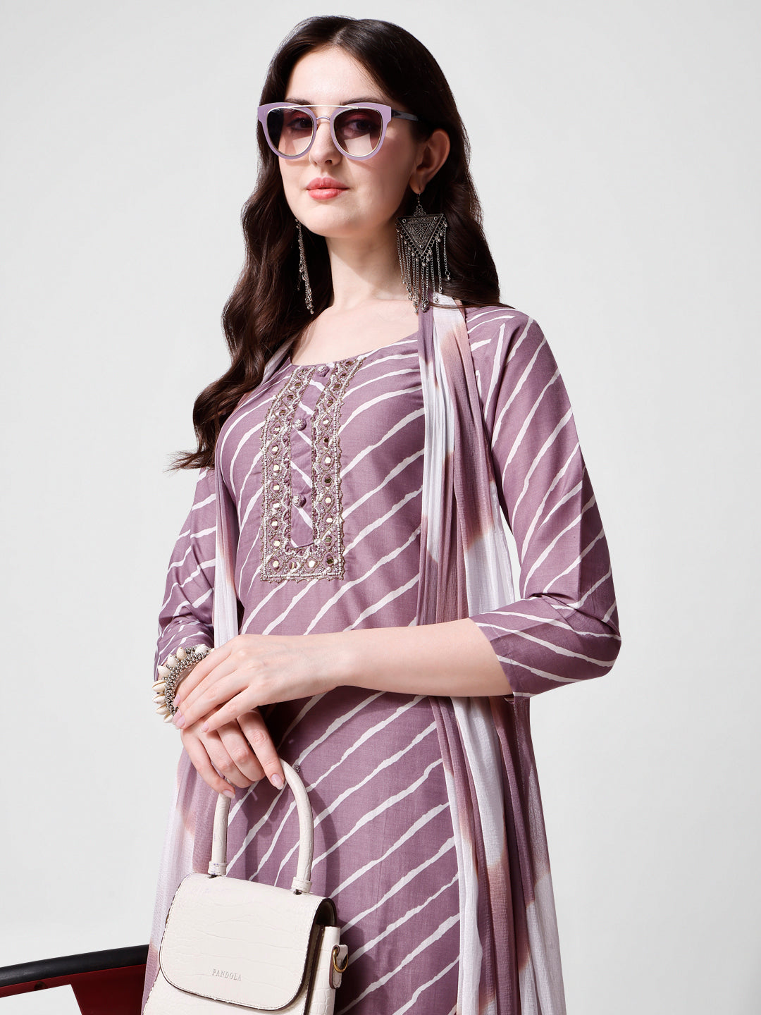 Multicolor Leheriya Printed & Embroidered Kurta Pant Dupatta Set
