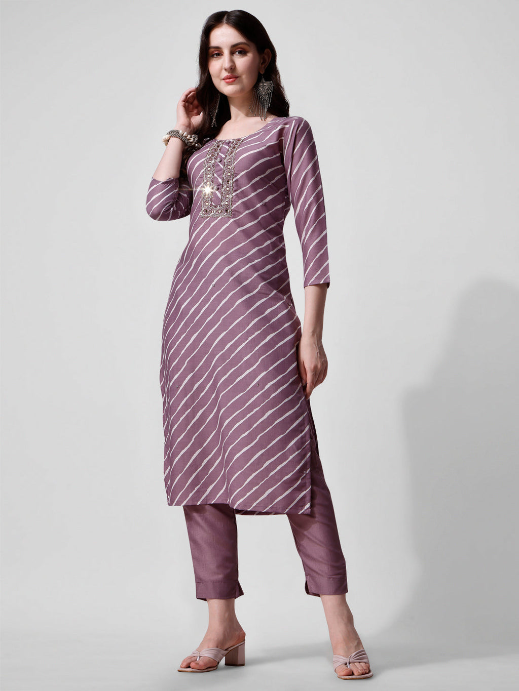 Multicolor Leheriya Printed & Embroidered Kurta Pant Dupatta Set