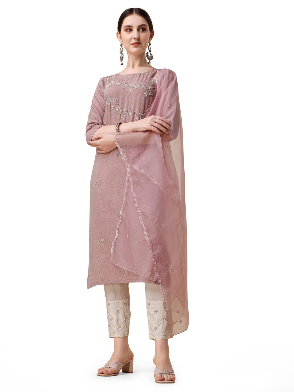 Multicolor embroidered kurta set with moti embellished pants and matching dupatta