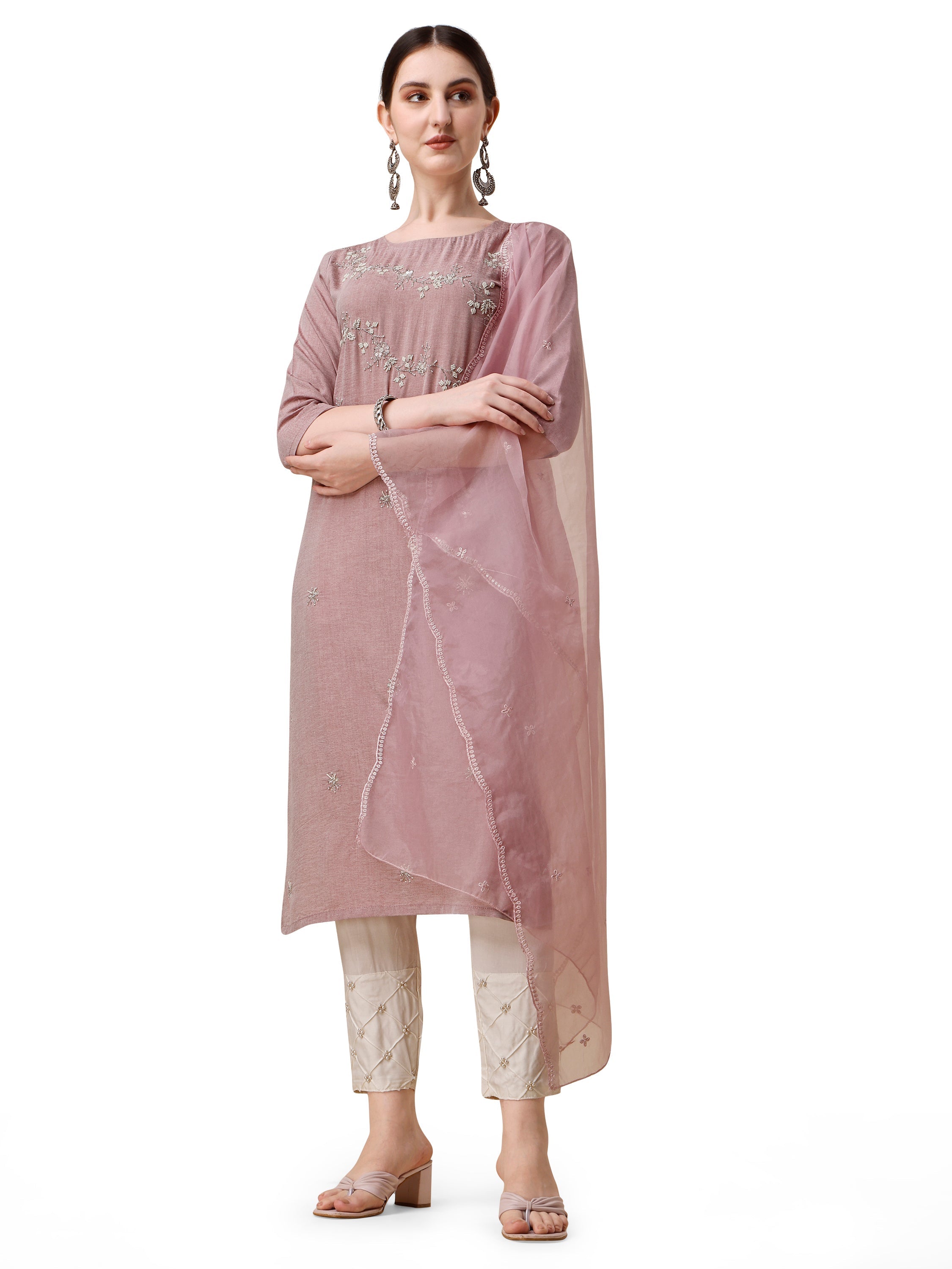 Multicolor embroidered kurta set with moti embellished pants and matching dupatta