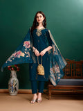 Multicolor hand embroidered rayon kurta with matching pant and printed organza dupatta