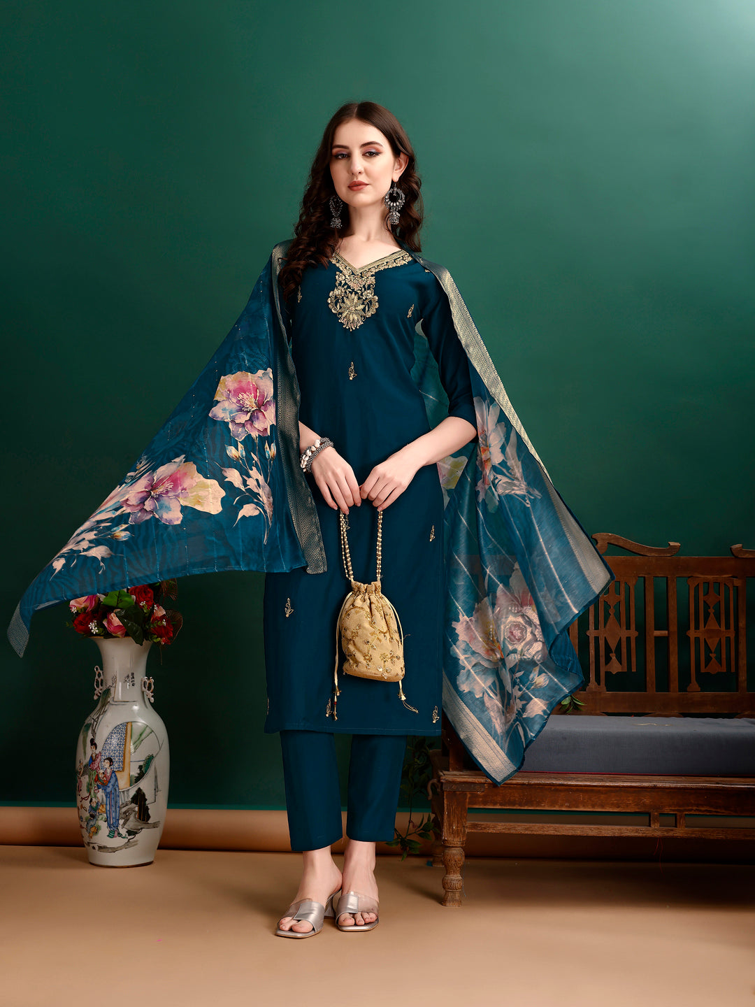 Multicolor hand embroidered rayon kurta with matching pant and printed organza dupatta