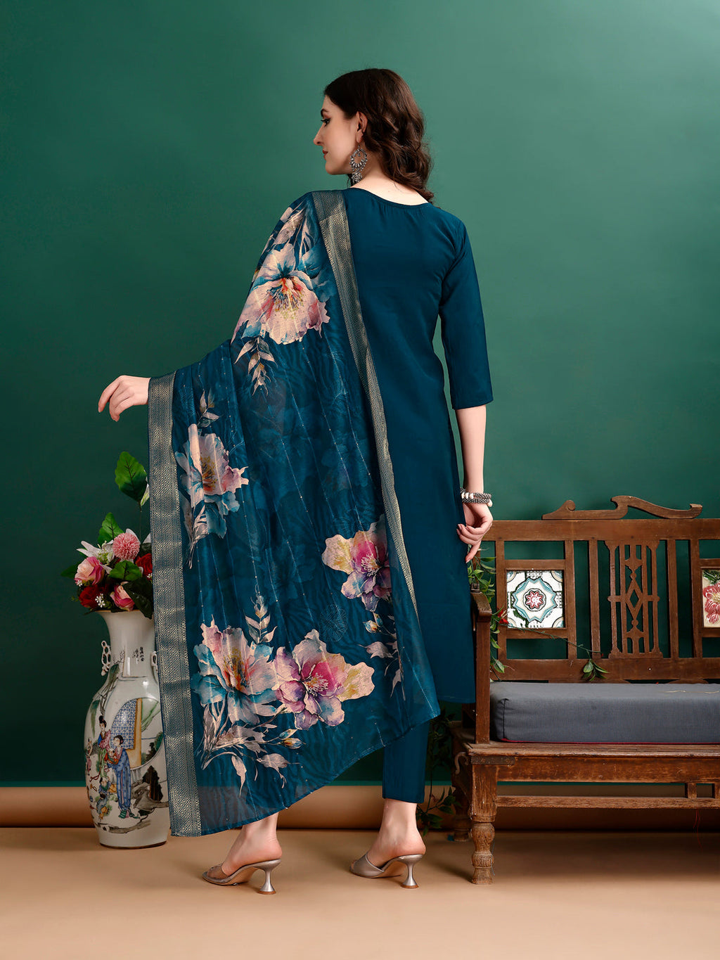 Multicolor Hand Embroidered Kurta Set with Printed Organza Dupatta