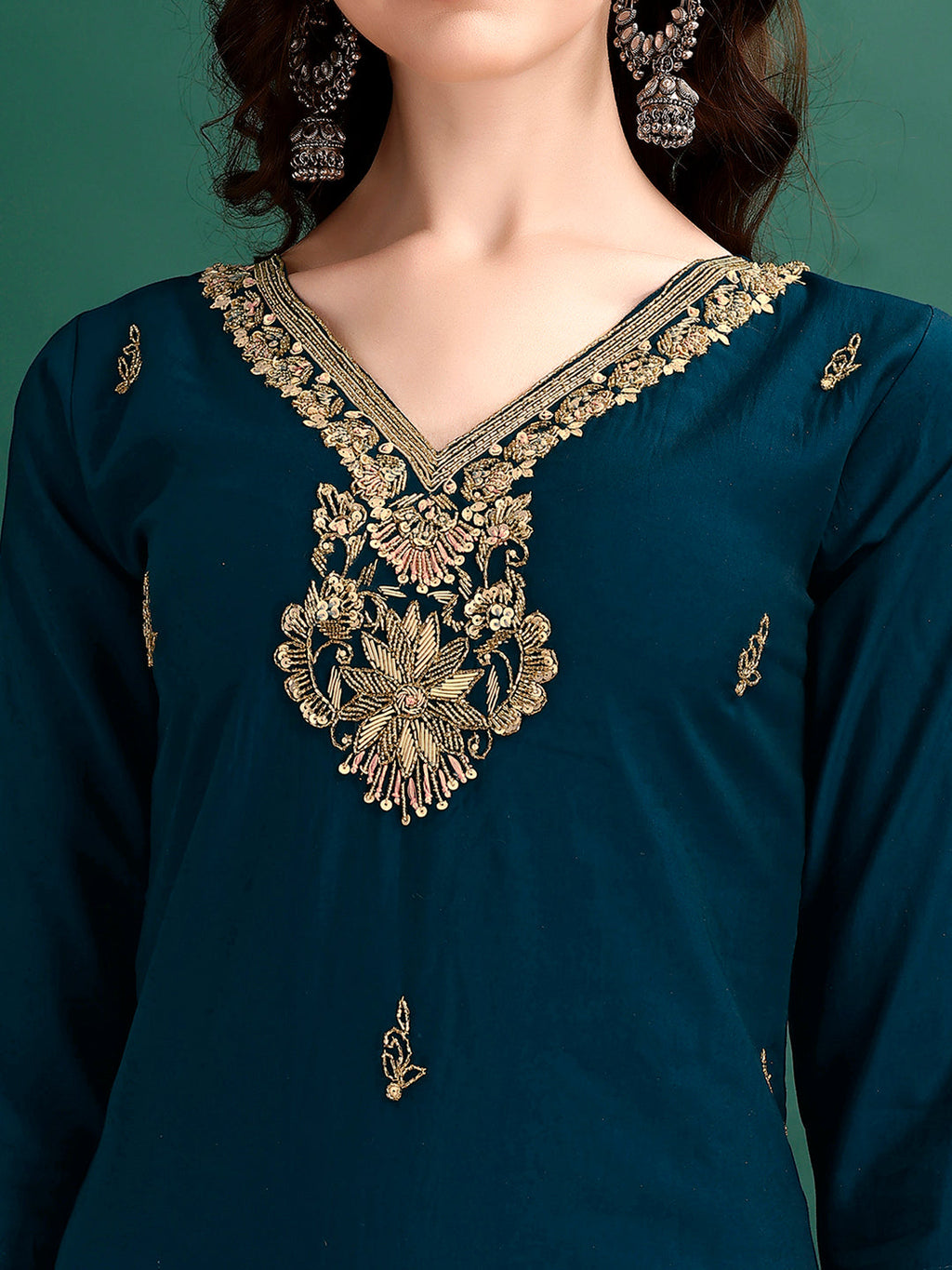 Multicolor Hand Embroidered Kurta Set with Printed Organza Dupatta
