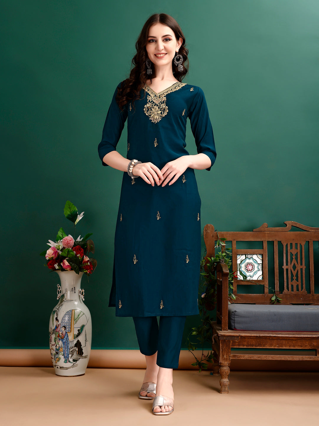 Multicolor Hand Embroidered Kurta Set with Printed Organza Dupatta