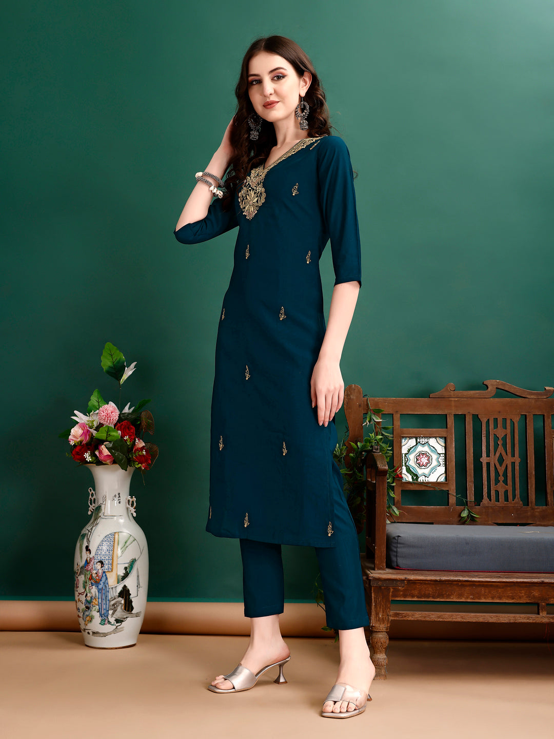 Multicolor Hand Embroidered Kurta Set with Printed Organza Dupatta