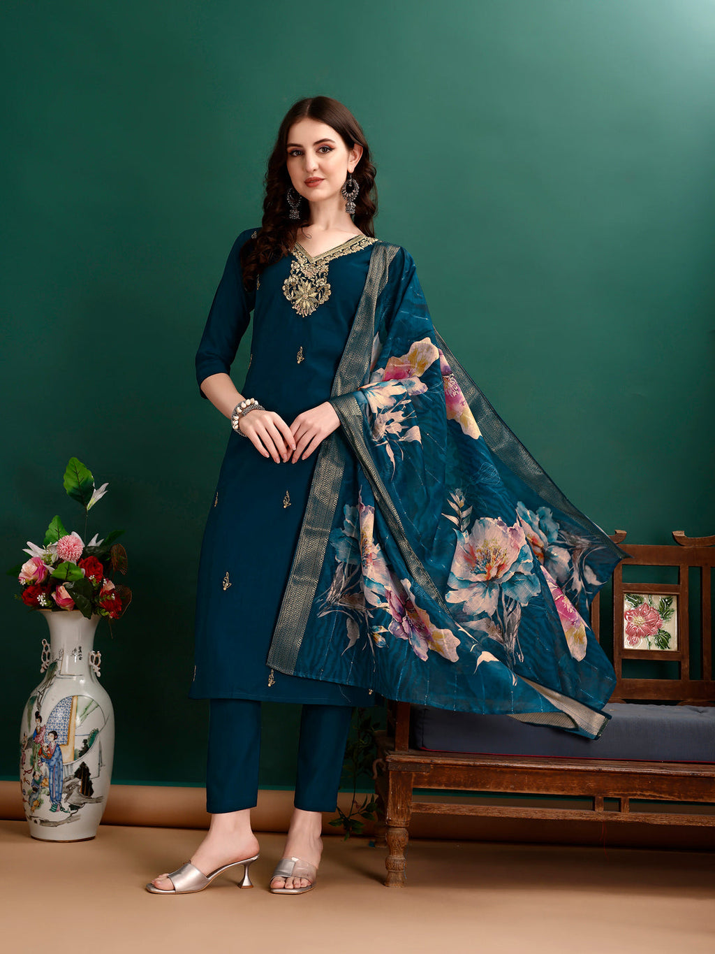 Multicolor Hand Embroidered Kurta Set with Printed Organza Dupatta
