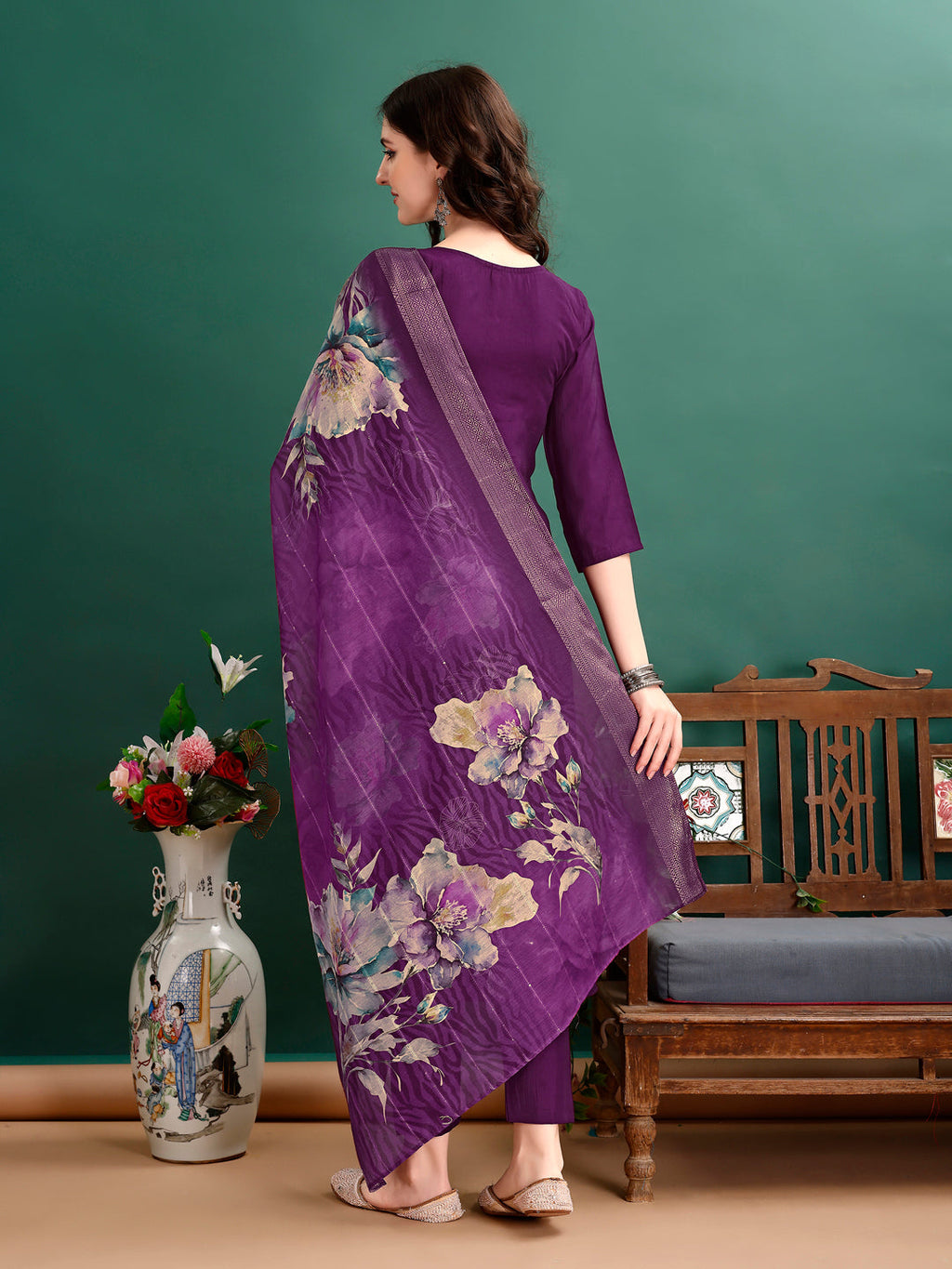 Multicolor Hand Embroidered Rayon Kurta with Pant and Dupatta Set