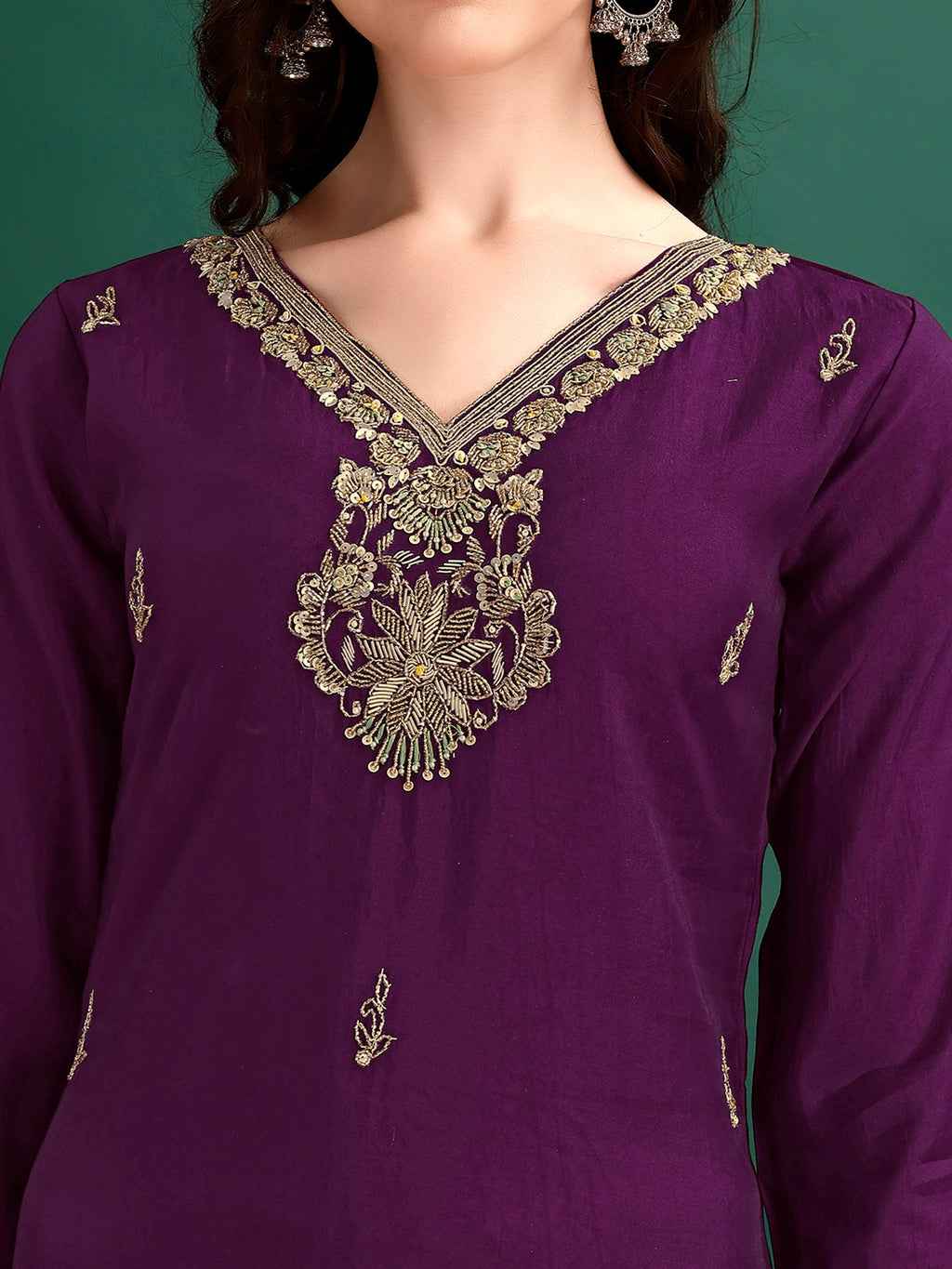 Multicolor Hand Embroidered Rayon Kurta with Pant and Dupatta Set