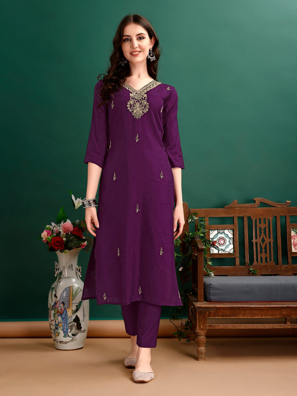 Multicolor Hand Embroidered Rayon Kurta with Pant and Dupatta Set