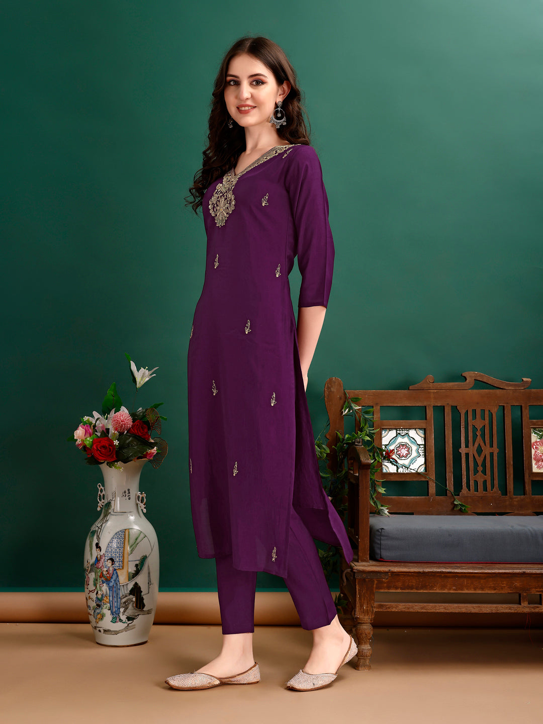Multicolor Hand Embroidered Rayon Kurta with Pant and Dupatta Set
