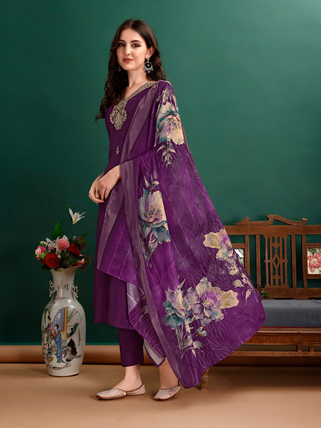 Multicolor Hand Embroidered Rayon Kurta with Pant and Dupatta Set