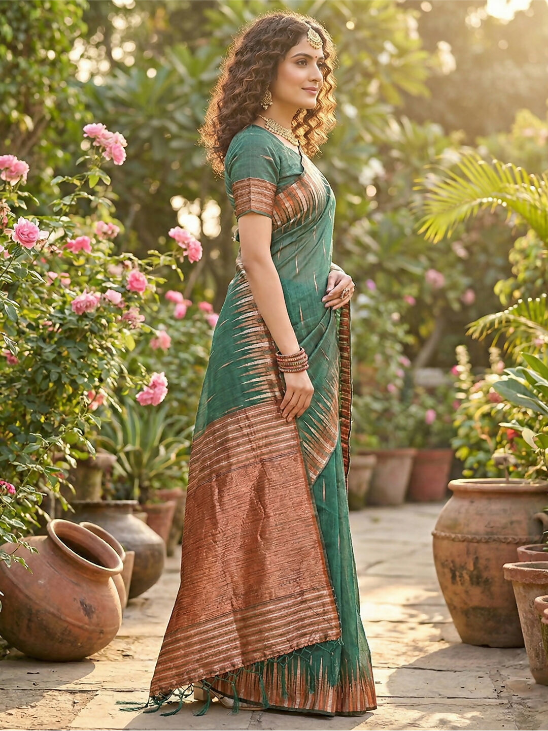 Green Linen Cotton Saree with Matching Blouse Piece