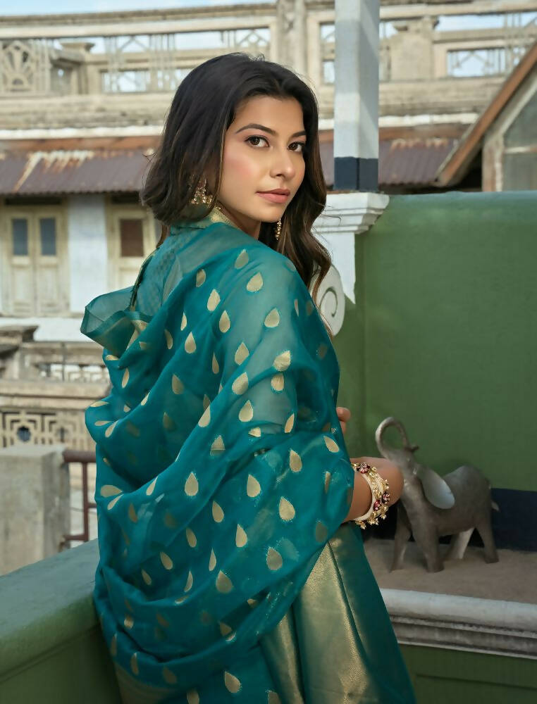 Turquoise Organza Silk Saree with Elegant Weaving Work
