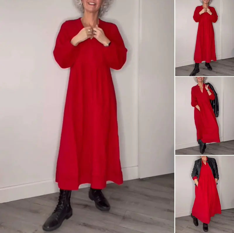 Women's V-Neck Long Sleeve Dress - Elegant Fall Style