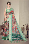 Multi-colored heavy rich cotton silk saree with digital print, jacquard border, and fancy latkan details