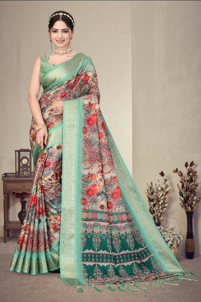 Multi-colored heavy rich cotton silk saree with digital print, jacquard border, and fancy latkan details