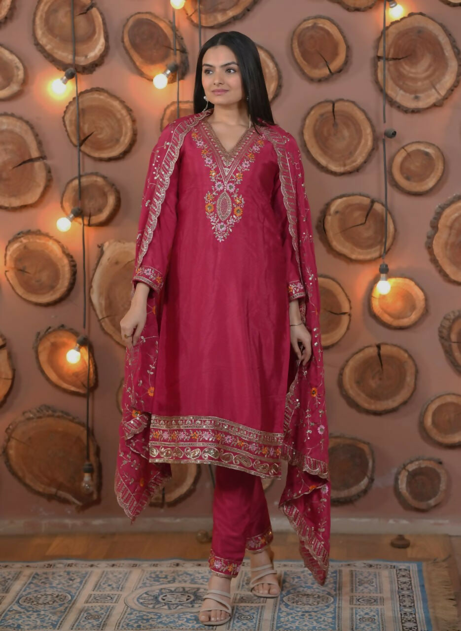 Pink Silk Embroidered Kurti Set with Stitched Design
