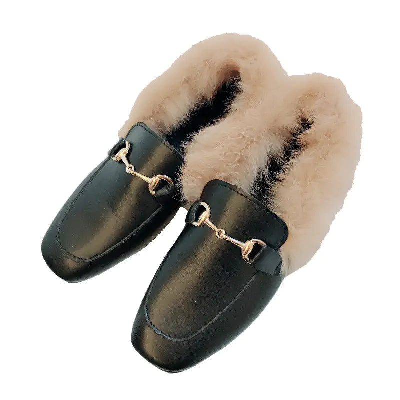 Fleece-Lined Flat Loafers with Rabbit Fur for Women