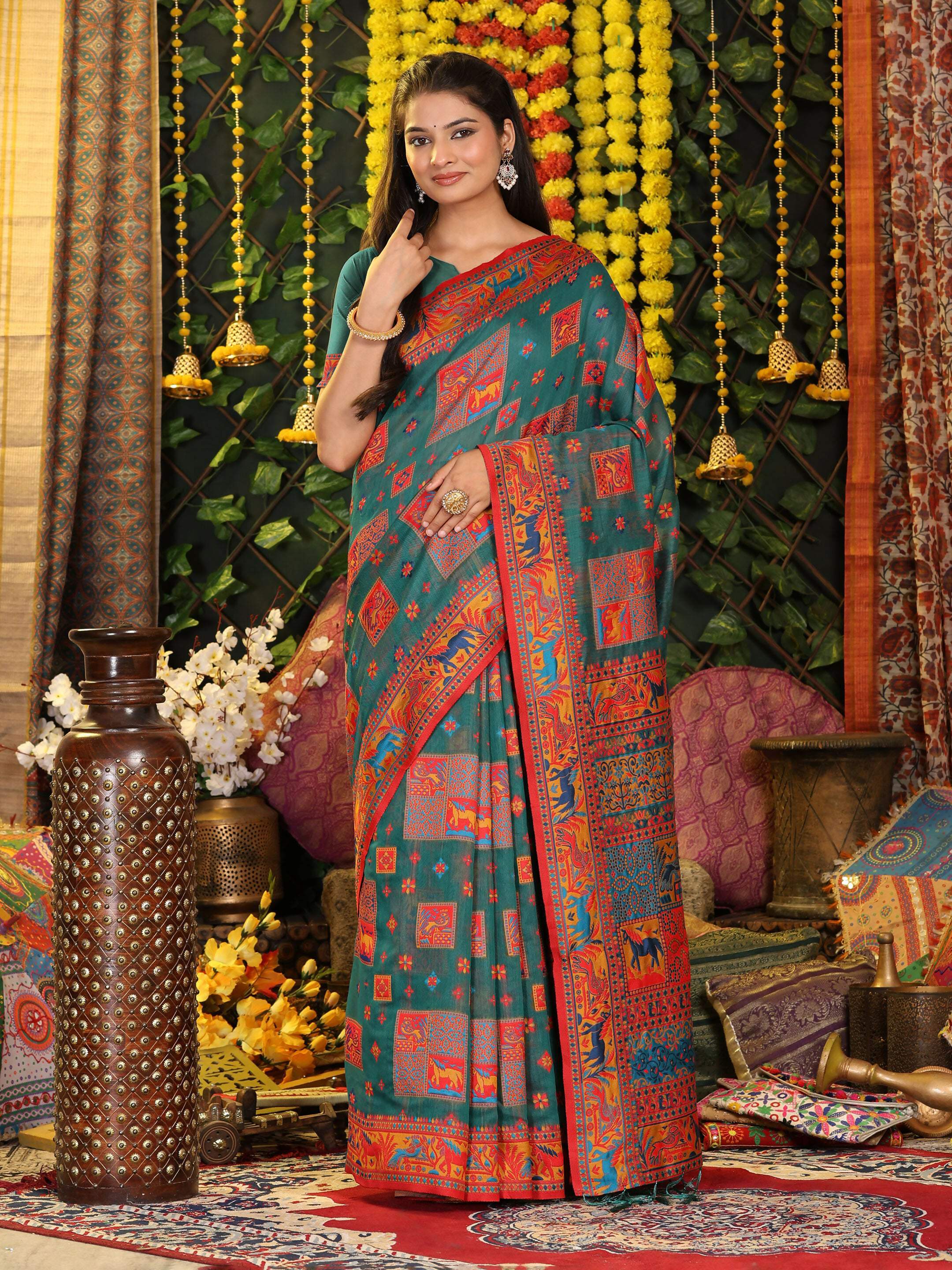Shree Shyam Fashion Linen Cotton Rama Green Saree