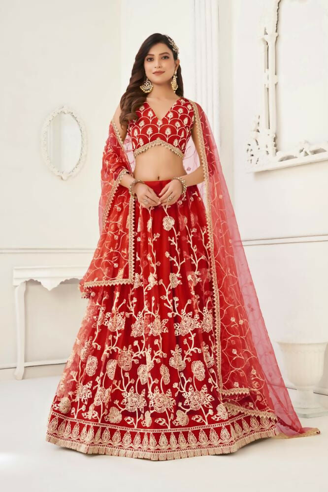 Red Butterfly Net Lehenga with white cotton thread and sequence embroidery