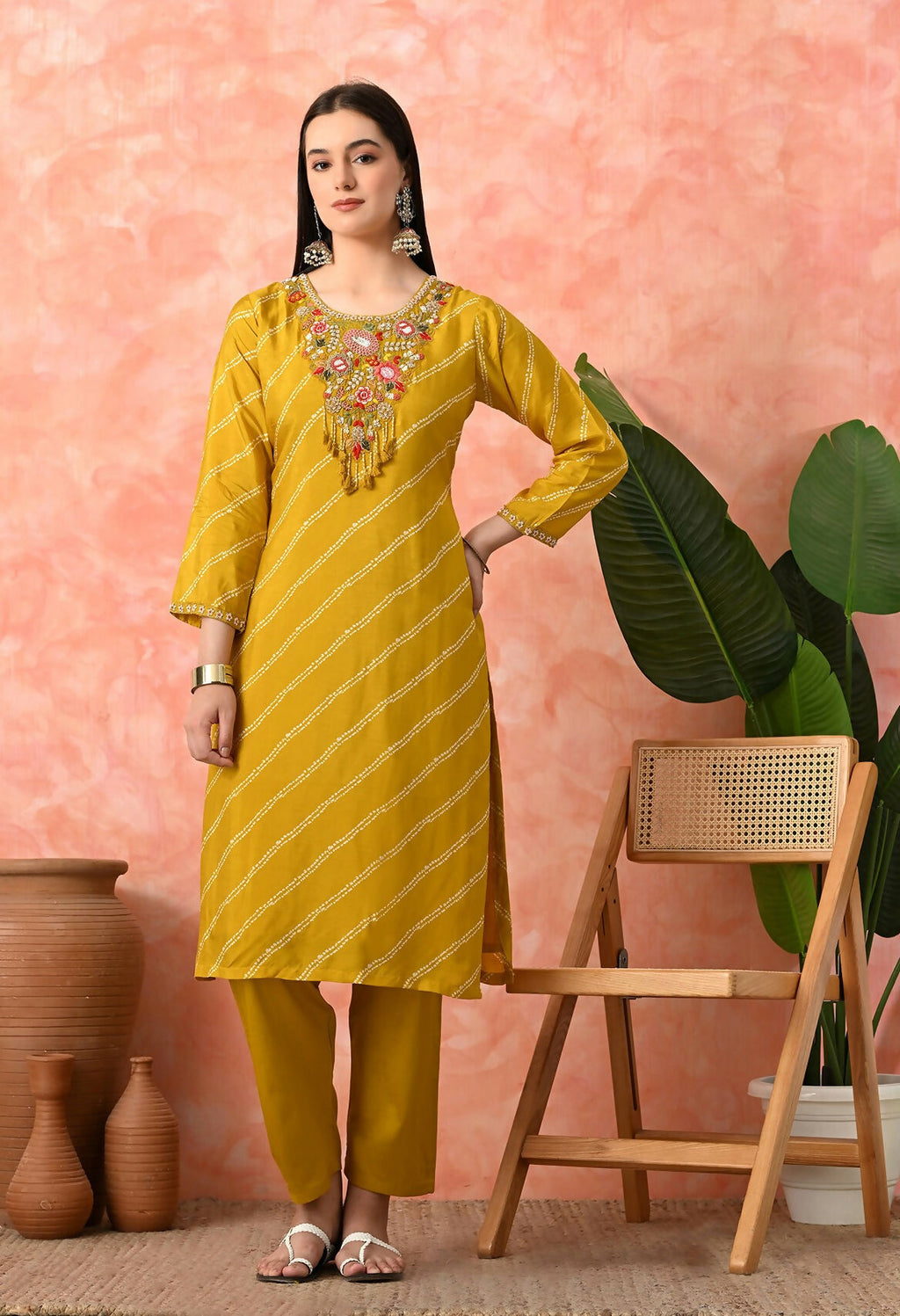 Mustard Pure Viscose Dola Silk Kurta Set with Handwork & Organza Dupatta