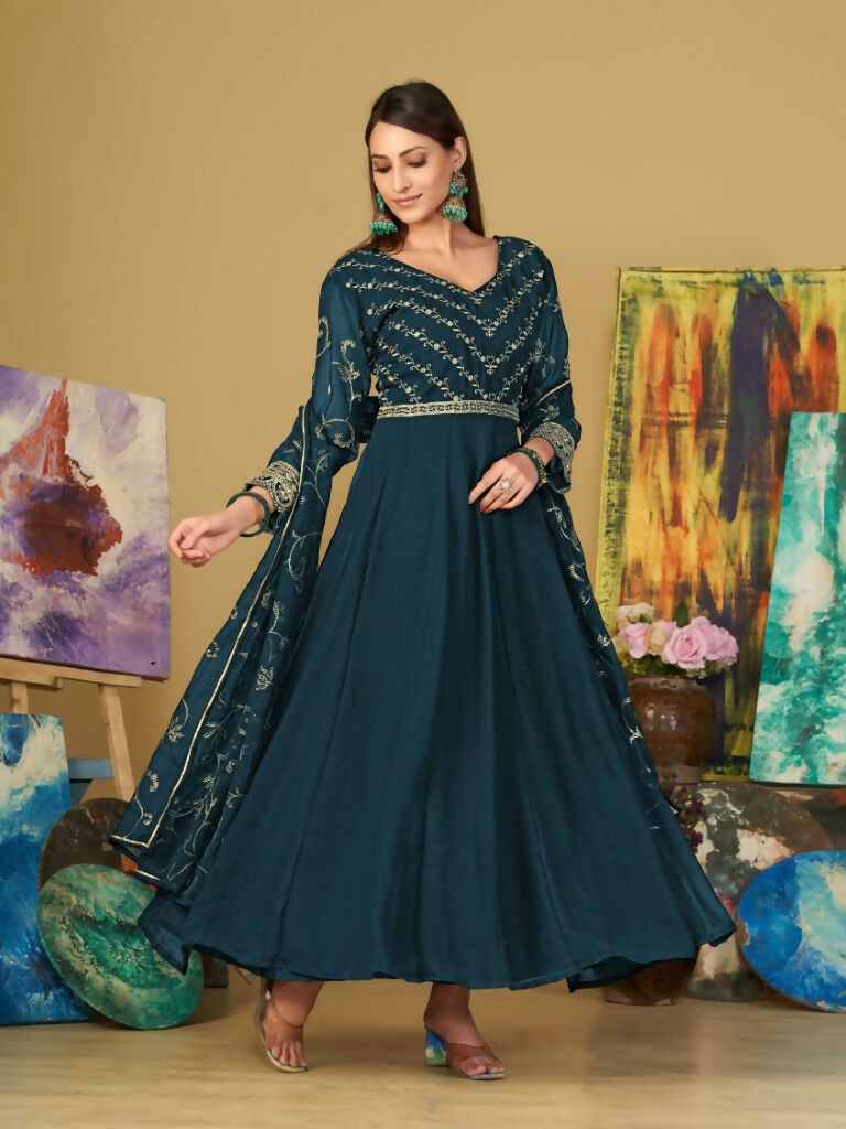Women's Teal Georgette Embroidered Anarkali Kurta Pant Set