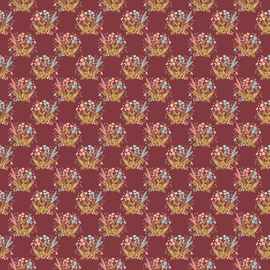 Maddie Floral Wallpaper - Cream, Maroon, Mustard-Yellow & Blue