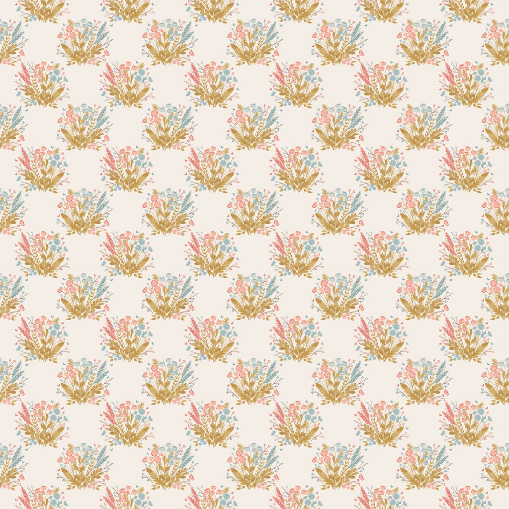 Maddie Floral Wallpaper - Cream, Maroon, Mustard-Yellow & Blue
