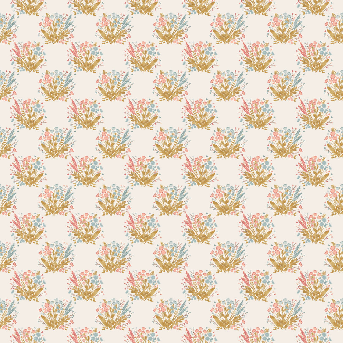 Maddie Floral Wallpaper - Cream, Maroon, Mustard-Yellow & Blue